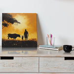 Load image into Gallery viewer, Sunset Bonds: Silhouette of Farmer, Son, and their Cow | Digital Printed Canvas
