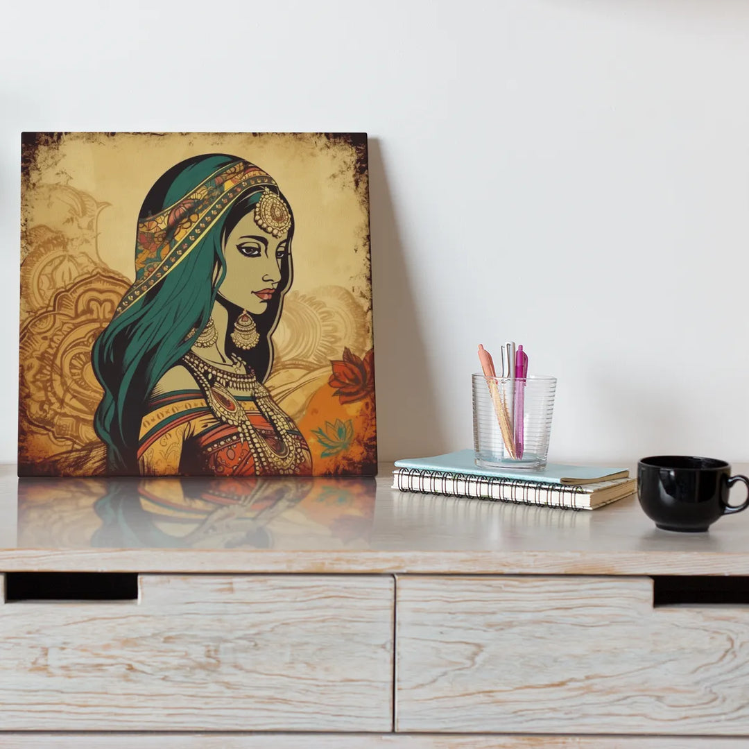 Indian Woman | Contemporary | Beautiful Retro Illustration | Digital Printed Canvas