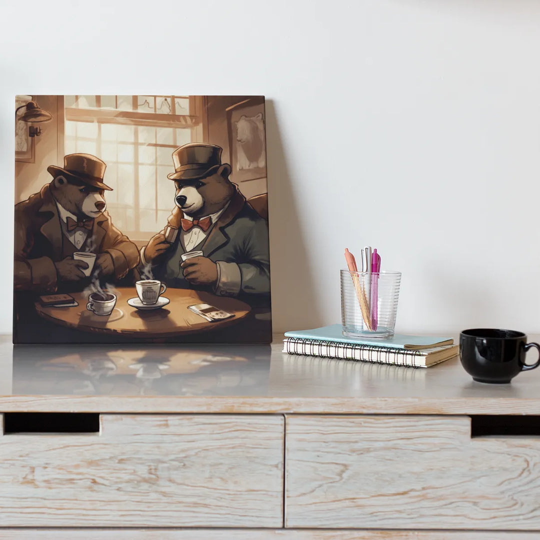 Bear Sitting In Cafeteria  | Retro Illustration | Digital Printed Canvas