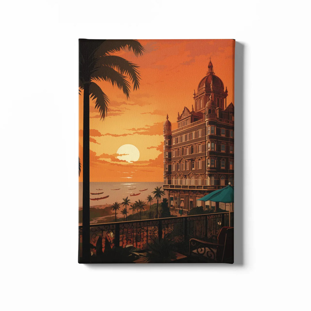 Tranquil Twilight Retreat: Countryside Hotel with a Lakeside View at Sunset | Vintage Illustration | Digital Printed Canvas