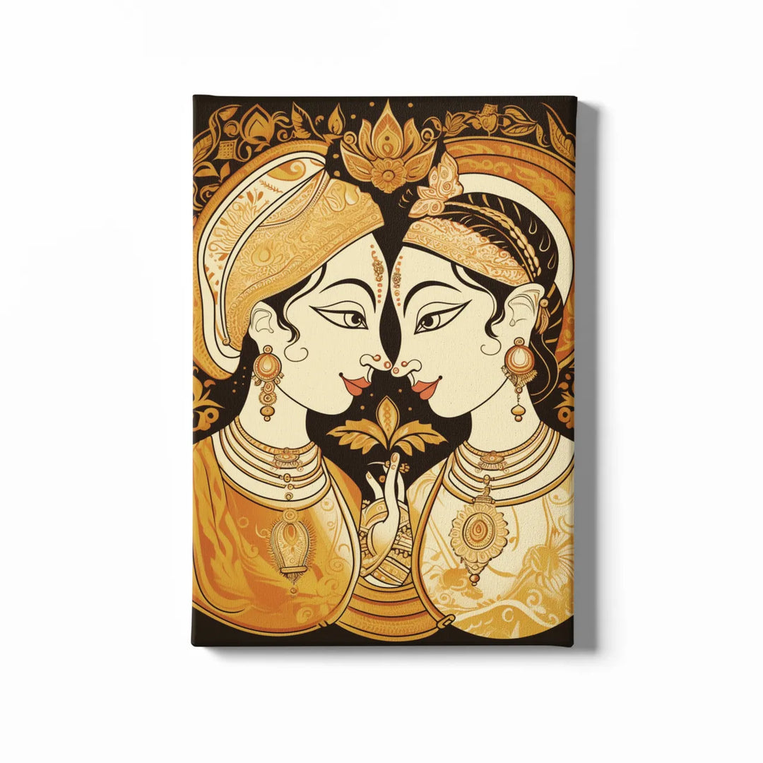 Bengali Wedding Couple | Modern Madhubani Art | Illustration | Traditional Art | Digital Printed Canvas