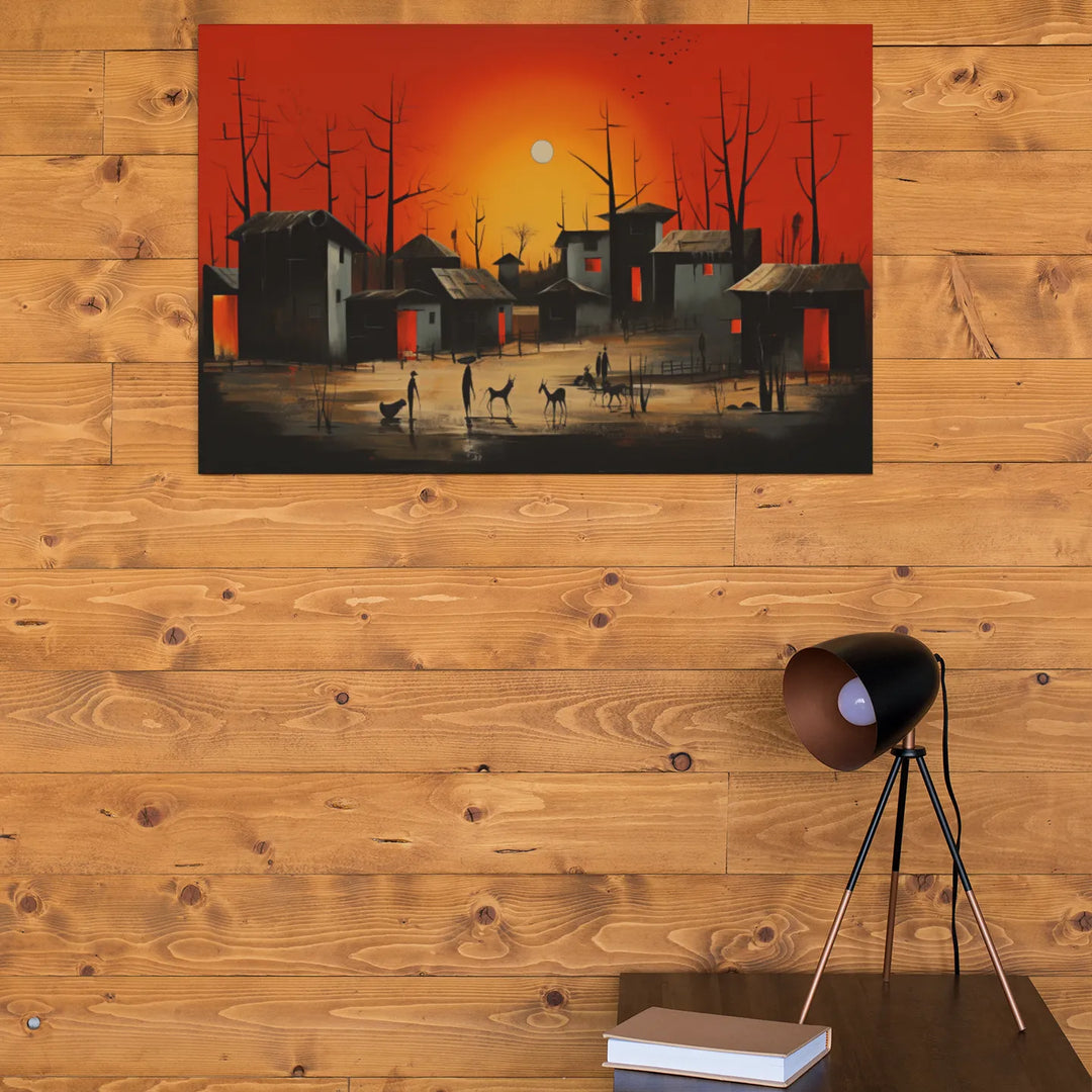 Crimson Horizon: A Rural Landscape Under the Red Sky | Modern Abstract | Digital Printed Canvas