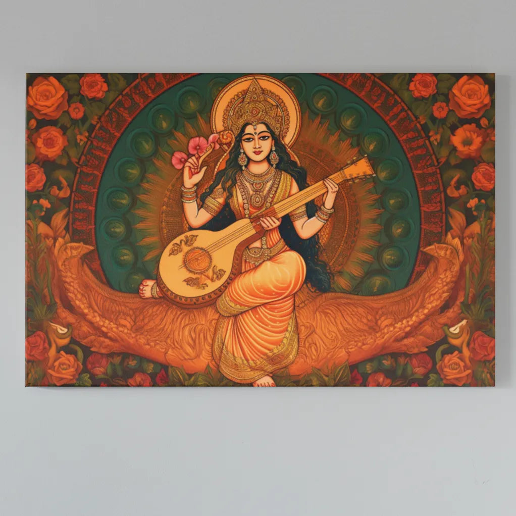 Goddess Saraswati | Retro Illustration | Digital Printed Canvas