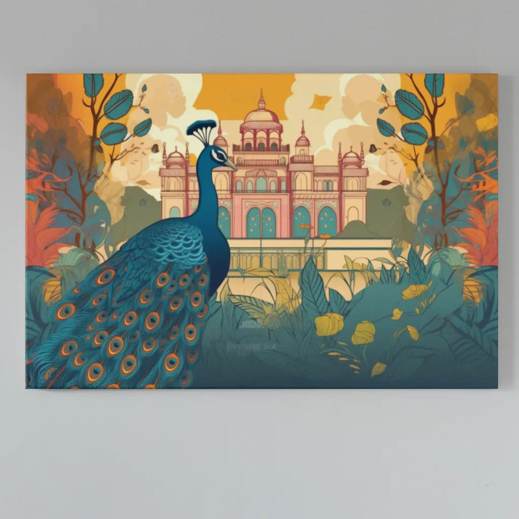 The Peering Peacock | Modern Vintage Illustration Fusion | Digital Printed Canvas