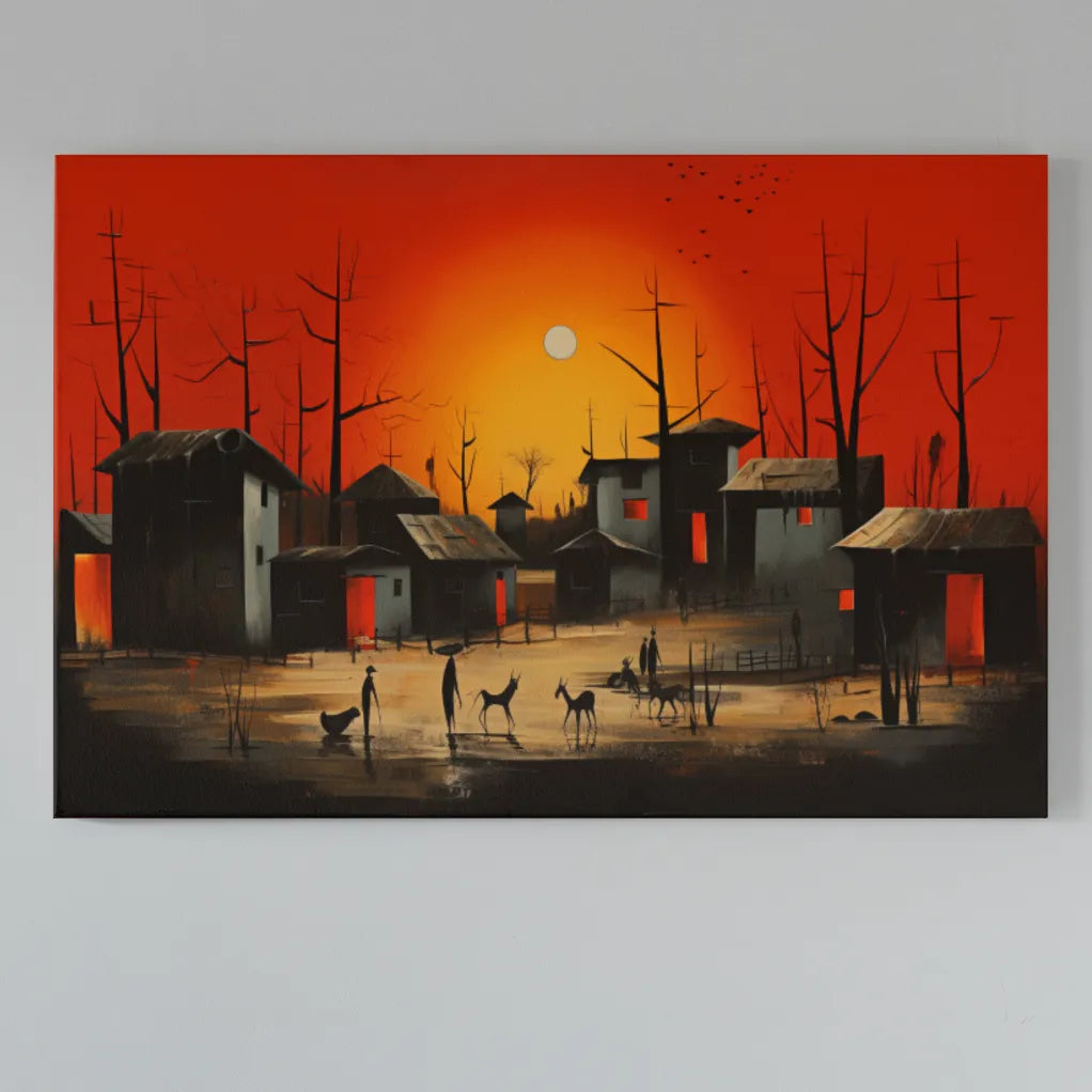 Crimson Horizon: A Rural Landscape Under the Red Sky | Modern Abstract | Digital Printed Canvas