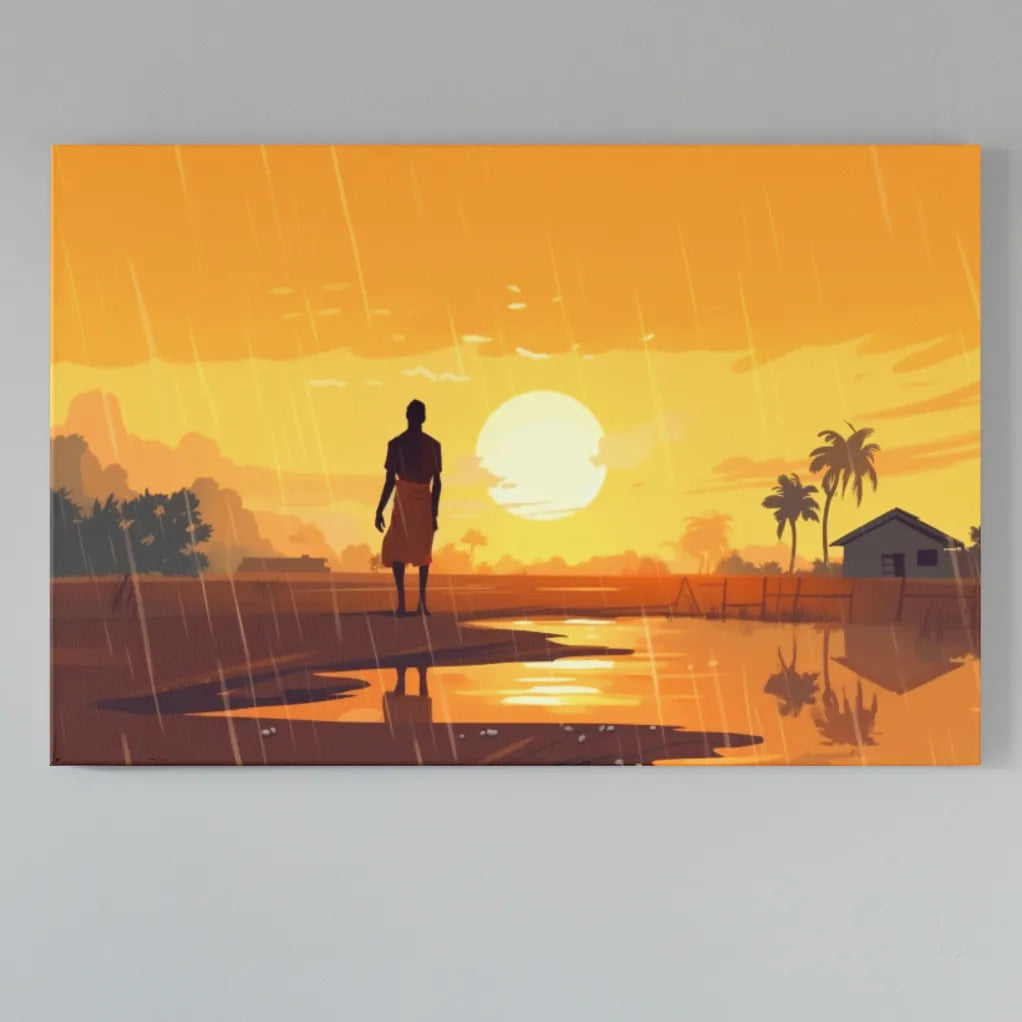 Fields of Life: Farmer in the Rain's Embrace | Silhouette Poster | Digital Printed Canvas
