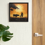 Load image into Gallery viewer, Sunset Bonds: Silhouette of Farmer, Son, and their Cow | Digital Printed Canvas
