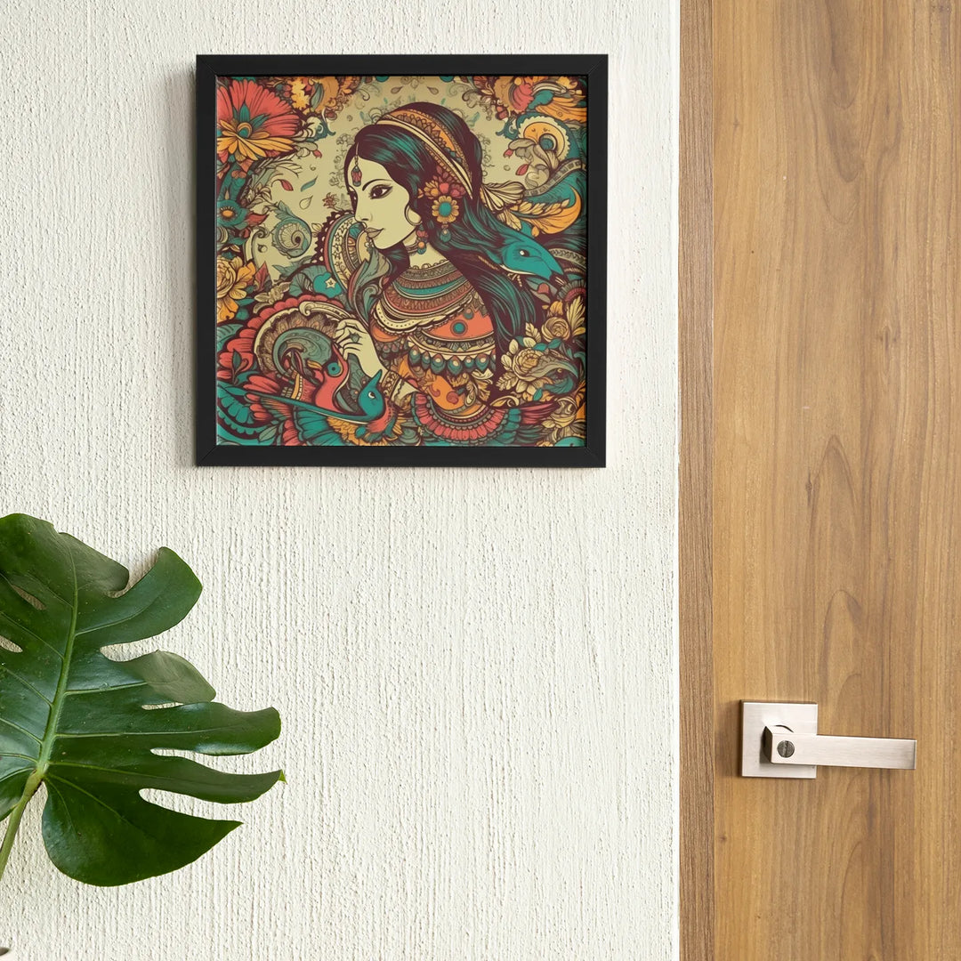 Indian Woman | Modern Madhubani | Beautiful Retro Illustration | Digital Printed Canvas