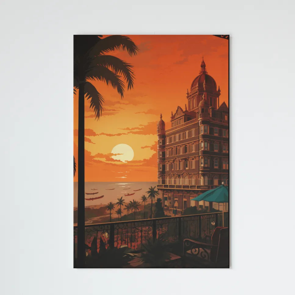 Tranquil Twilight Retreat: Countryside Hotel with a Lakeside View at Sunset | Vintage Illustration | Digital Printed Canvas