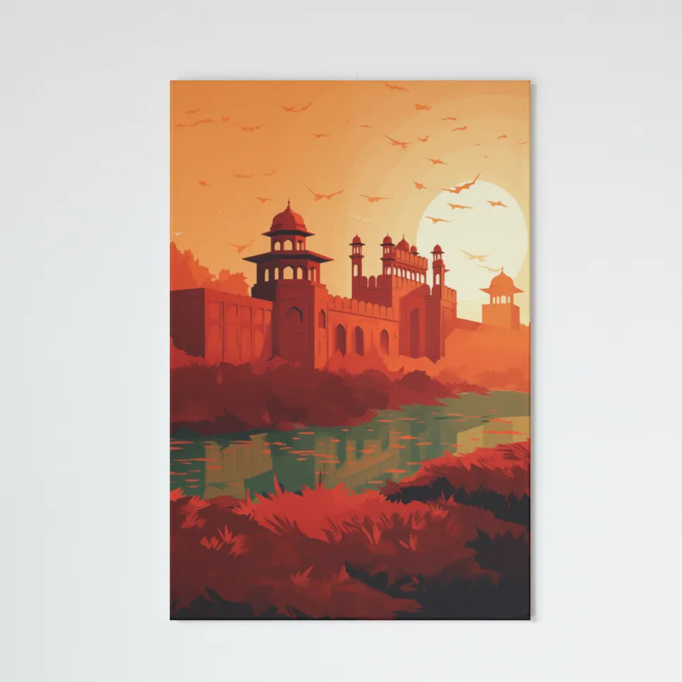 Crimson Citadel: Minimalist Red Fort Illustration with Lake | Minimalist Illustration | Digital Printed Canvas