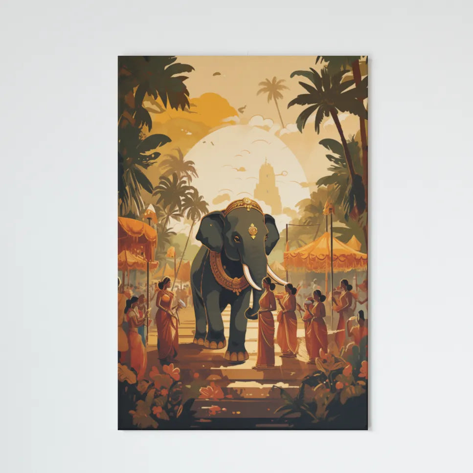 Elephant Extravaganza: Kerala's Festival Splendor in Ornate Decorations | Retro Illustration | Digital Printed Canvas