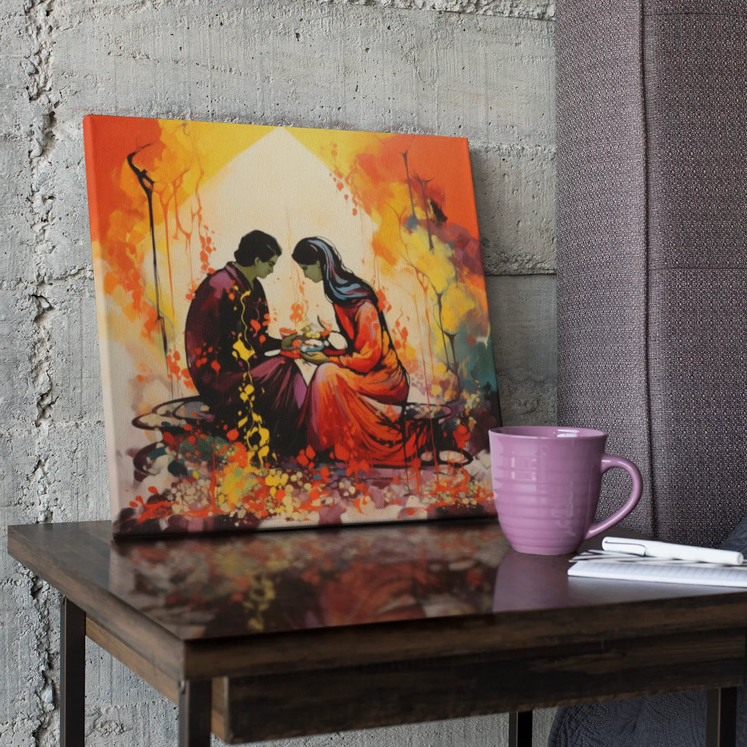 Luminous Love: Abstract Indian Art Capturing a Couple Lighting Diyas | Digital Printed Canvas