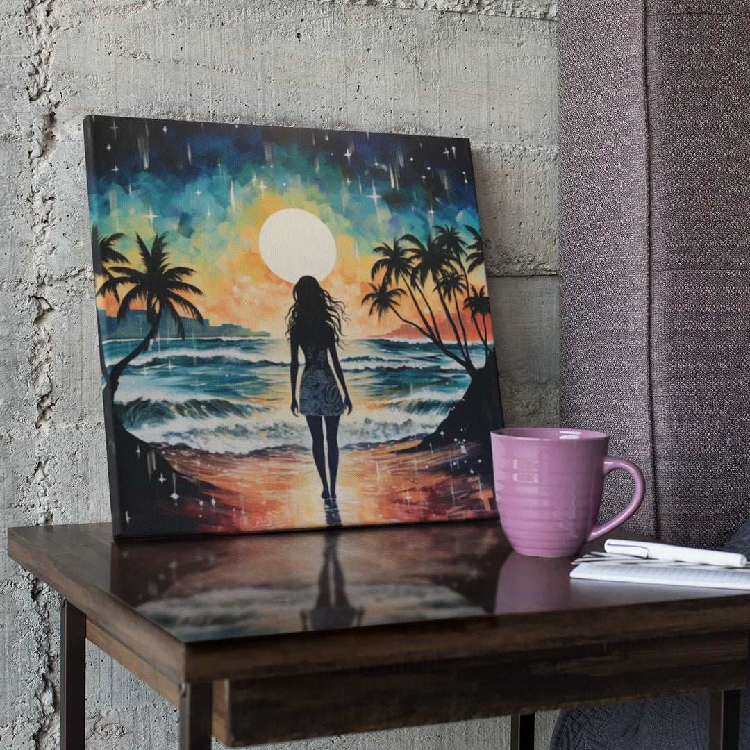 Sunset Silhouette: Beauty on the Beach in Golden Hues | Digital Printed Canvas