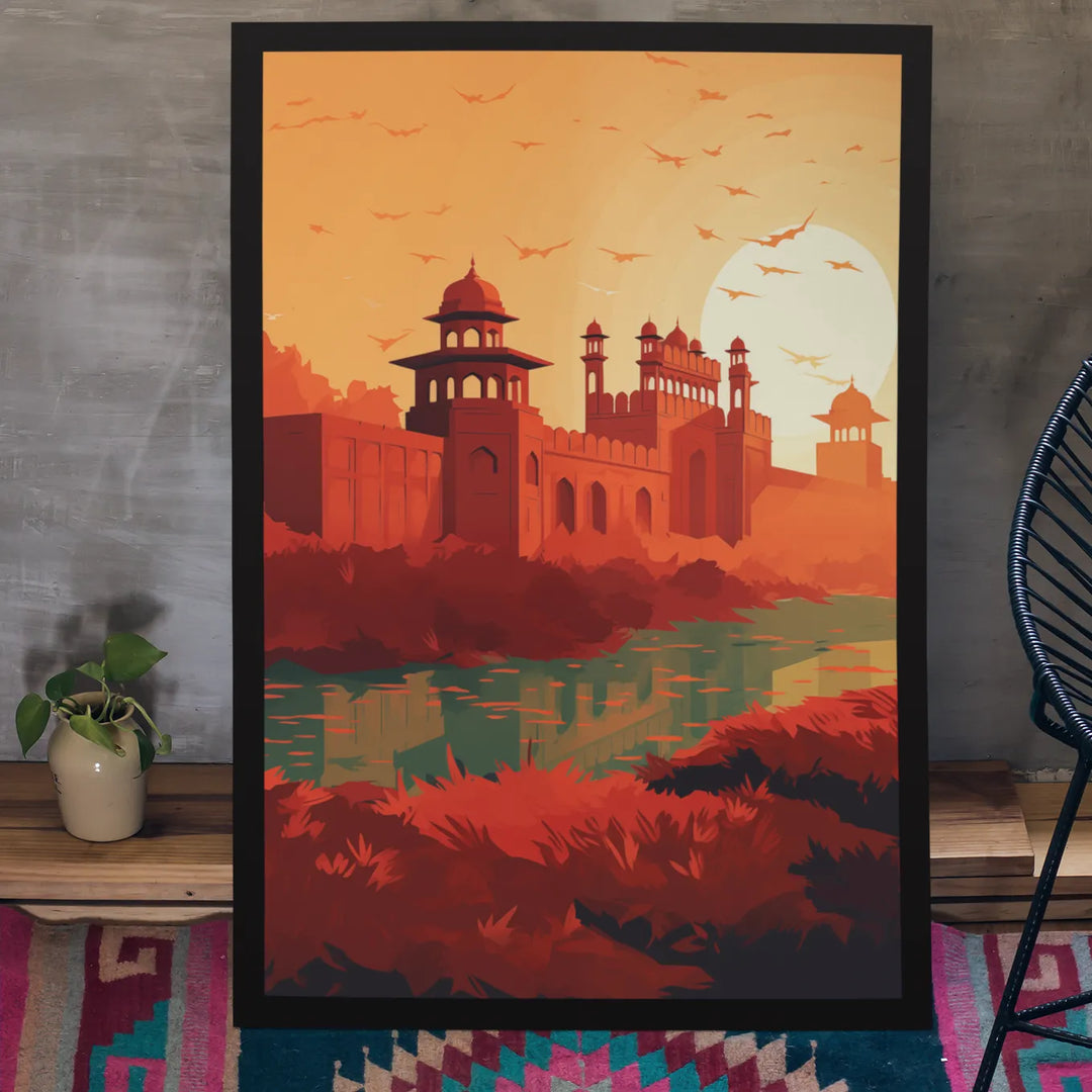 Crimson Citadel: Minimalist Red Fort Illustration with Lake | Minimalist Illustration | Digital Printed Canvas