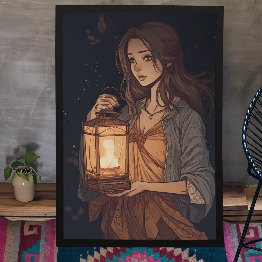 Radiant Illumination: Anime Muse with Night Lamp | Digital Illustration  | Digital Printed Canvas