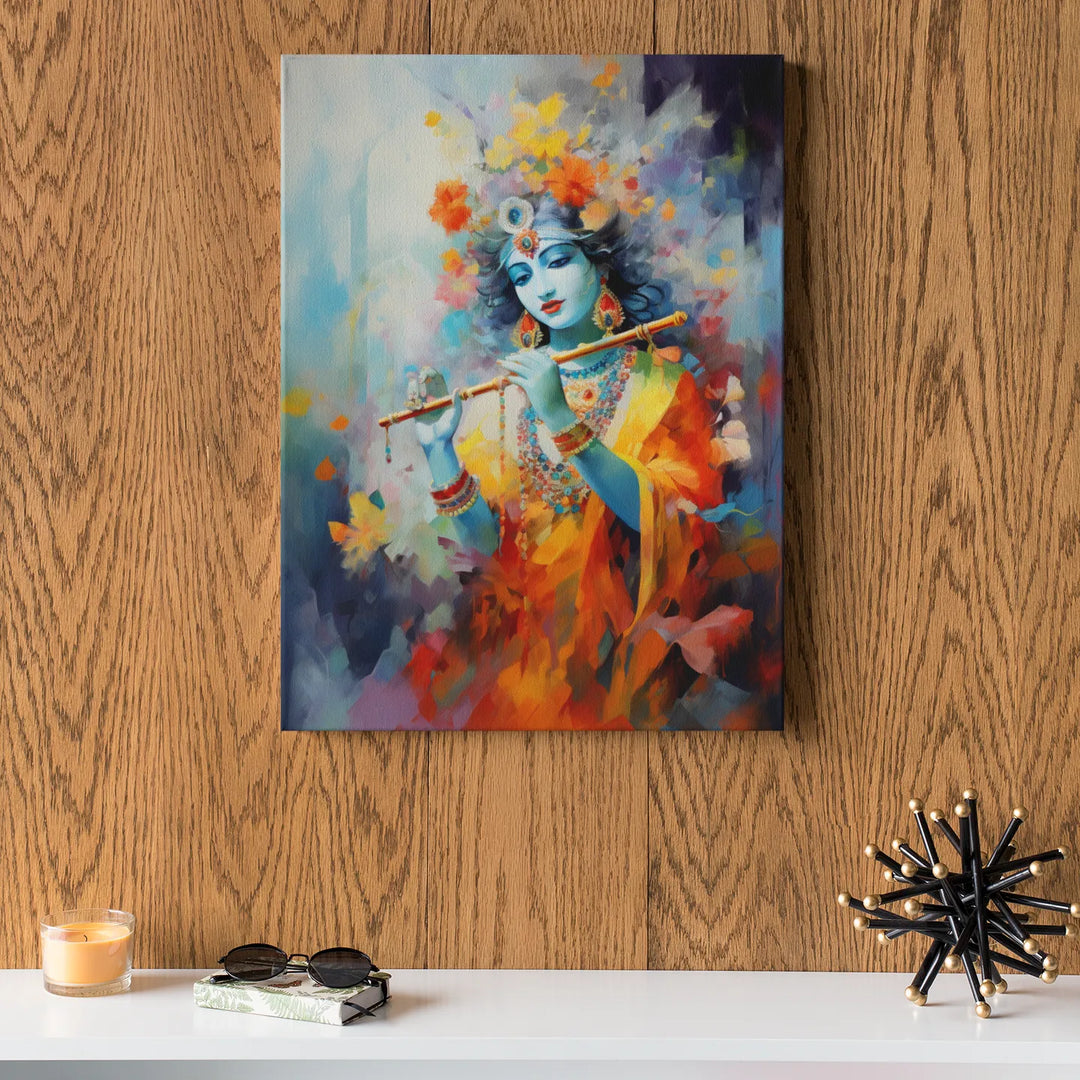 Melodic Echo: Abstract Representation of Krishna Holding the Flute | Digital Printed Canvas